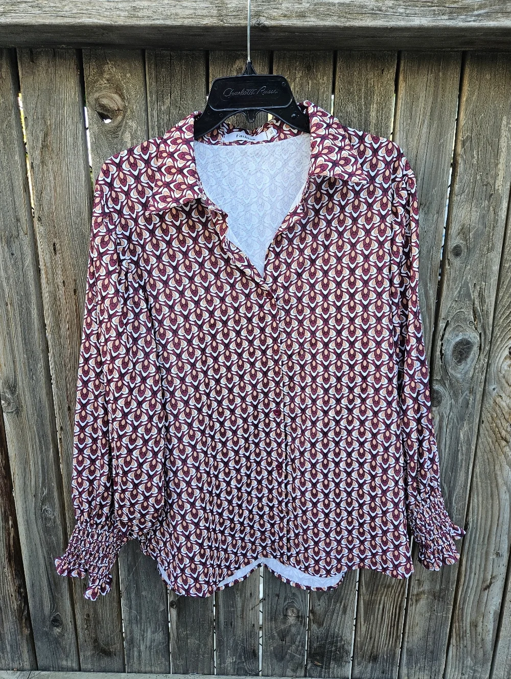 Fashion Woven Geometric Button-Front Blouse - Burgundy Women's Size XL - Picture 6 of 16